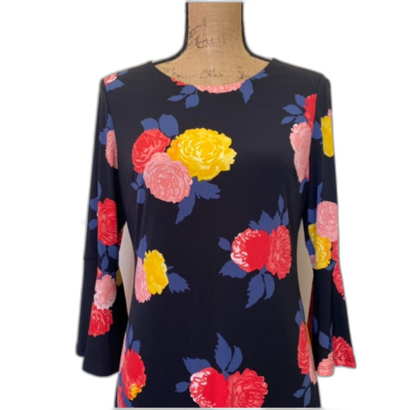 Tommy Hilfiger Bell Sleeve Cocktail Dress Black Multicolor Floral Spring Size 6 - Picture 2 of 7